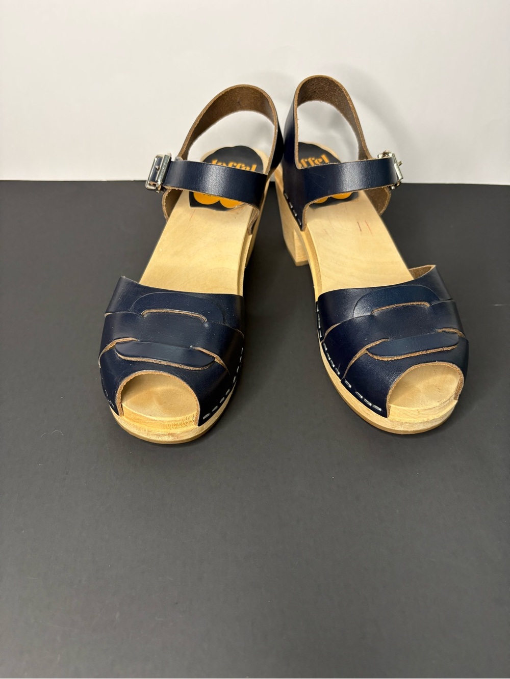 Swedish Hasbeens Kringlan Navy Leather Wooden Clog Sandals